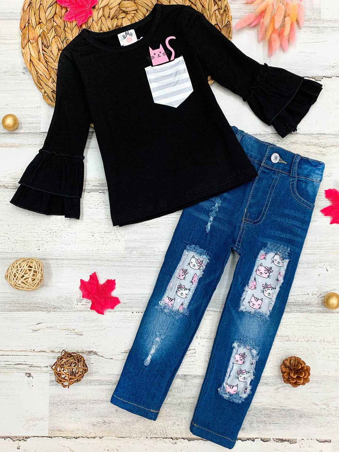 Girls Double Ruffle Sleeve Kitten Pocket Top & Patched Denim Set