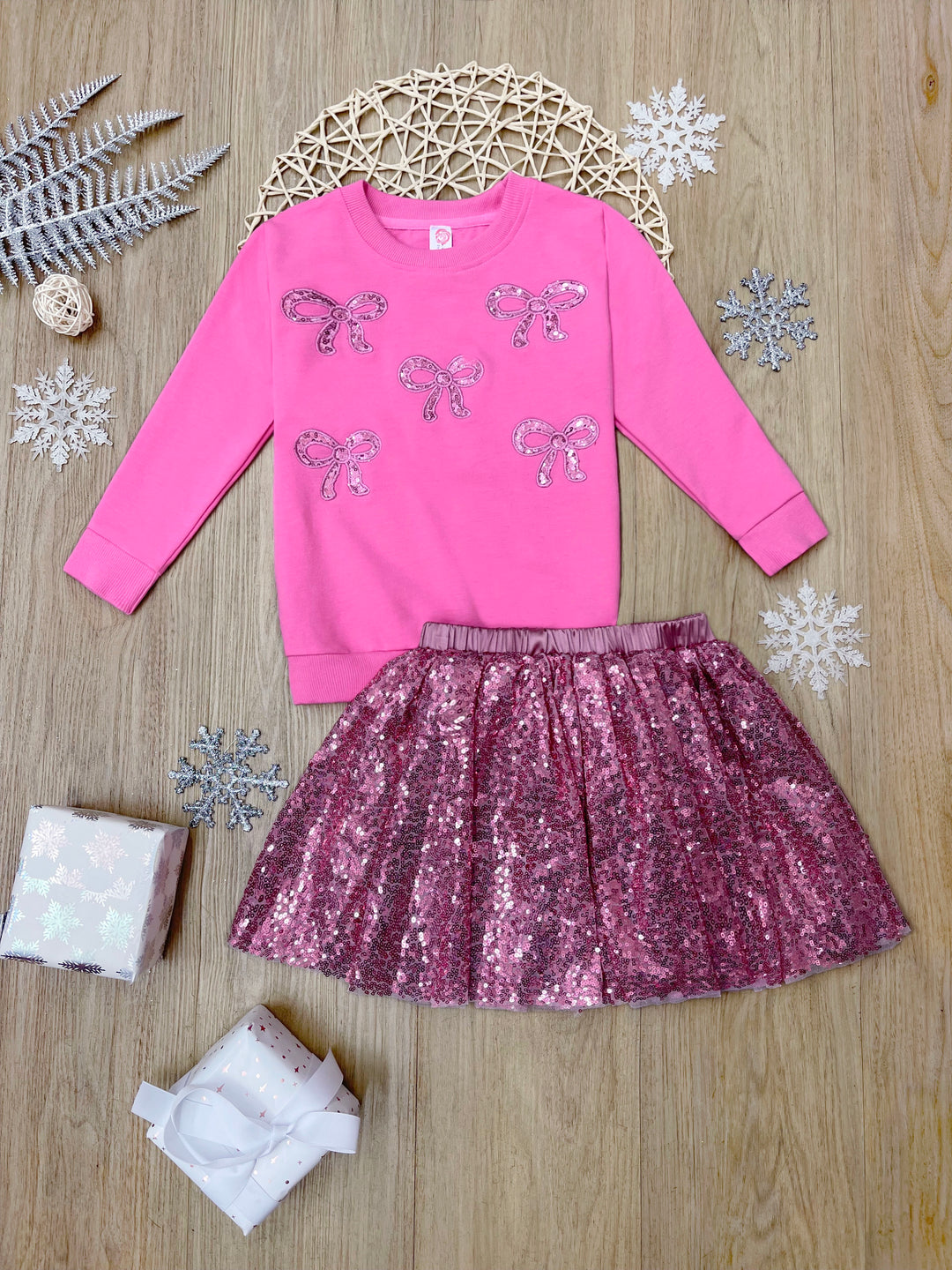 Sparkle Bowtique Sweater and Pink Sequin Skirt Set