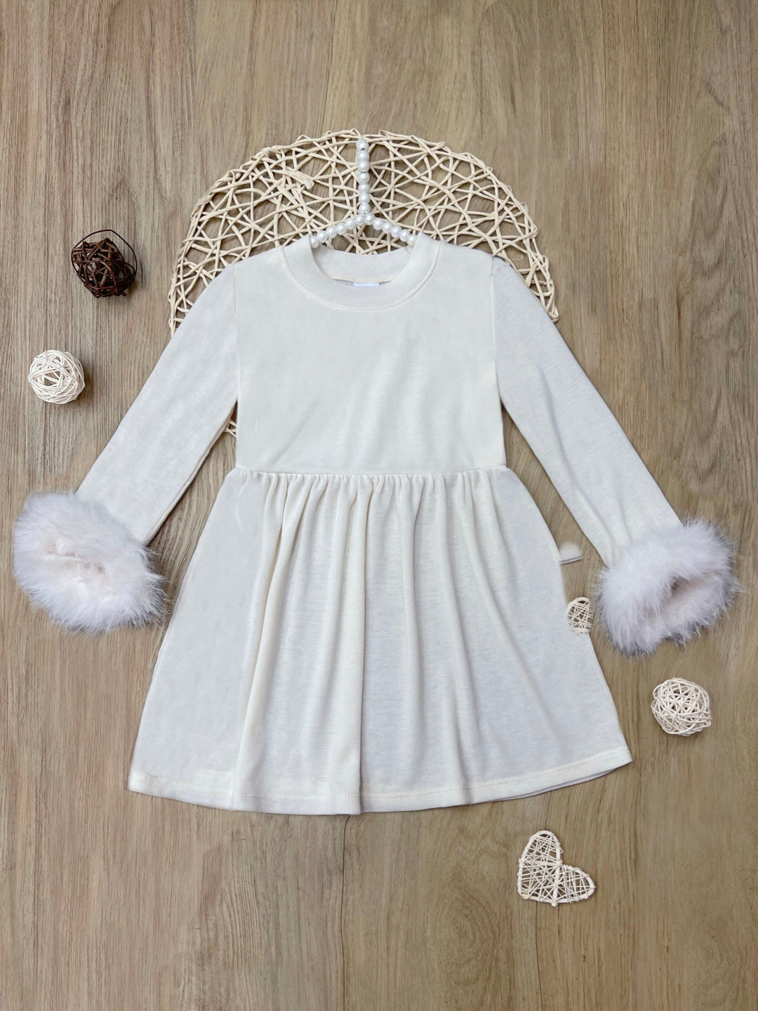 Winter Glam Cream Dress with Luxe Faux Fur Cuffs