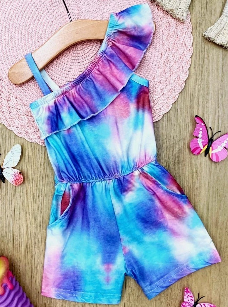 Kids Cute Spring Outfits | Girls Tie Dye Single Ruffle Shoulder Romper