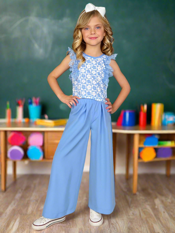 Blue Bloom Lace Flutter Top & Wide Leg Pant Set