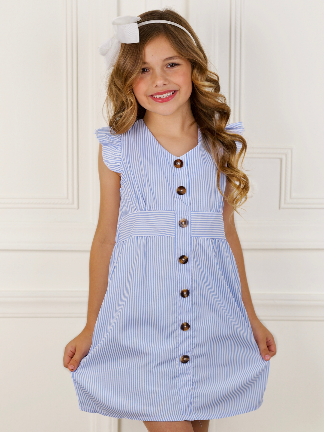 Striped Ruffle Sleeve Button Front Dress
