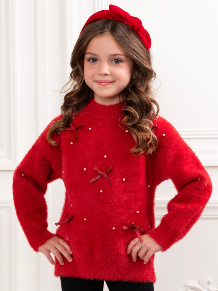 Pearl and Bow Fuzzy Sweater