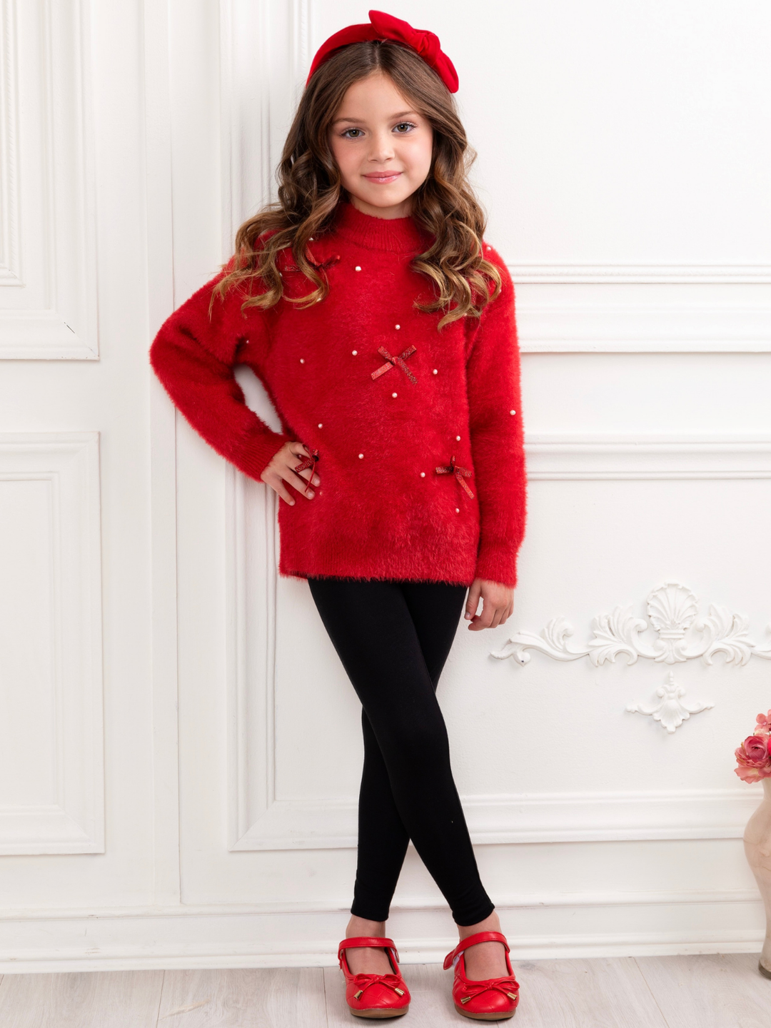 Pearl and Bow Fuzzy Sweater