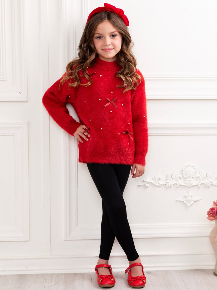 Pearl and Bow Fuzzy Sweater