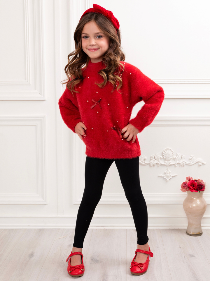 Pearl and Bow Fuzzy Sweater