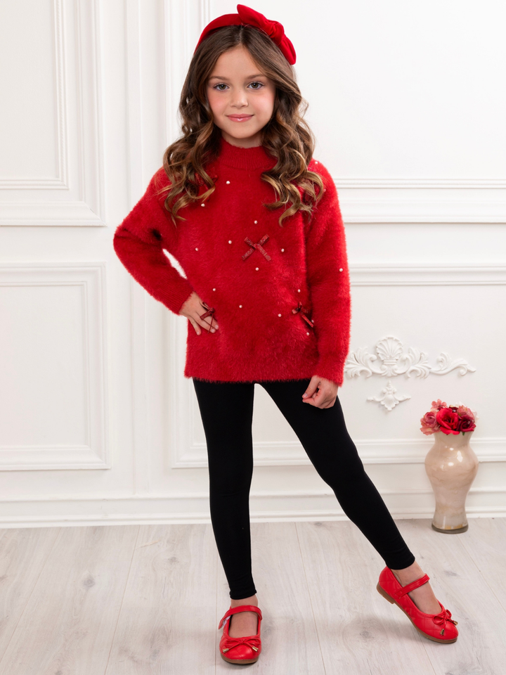 Pearl and Bow Fuzzy Sweater