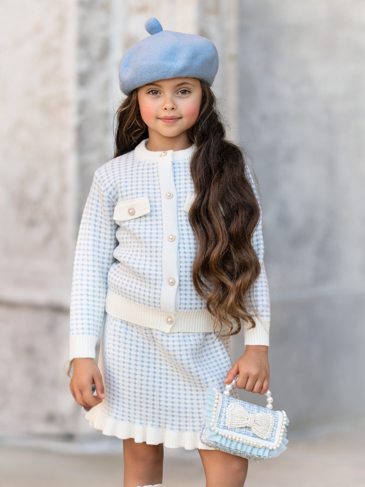 Light Blue Houndstooth Knit Cardigan and Ruffle Skirt Set