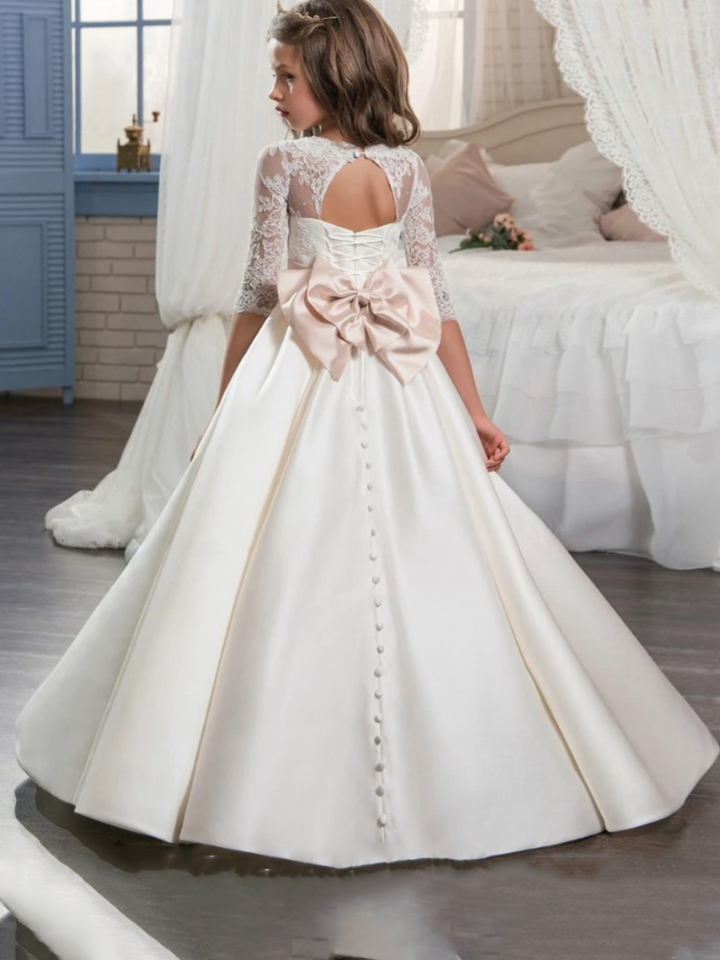 Girls Communion Dresses | Half Lace Sleeve Bowed Satin Pleated Gown