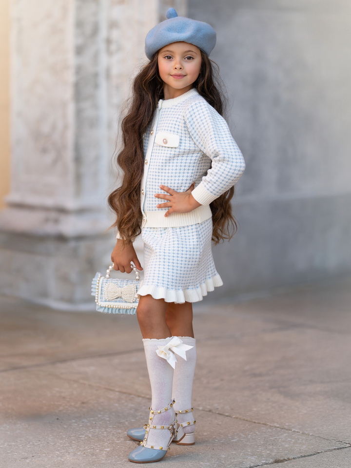 Light Blue Houndstooth Knit Cardigan and Ruffle Skirt Set