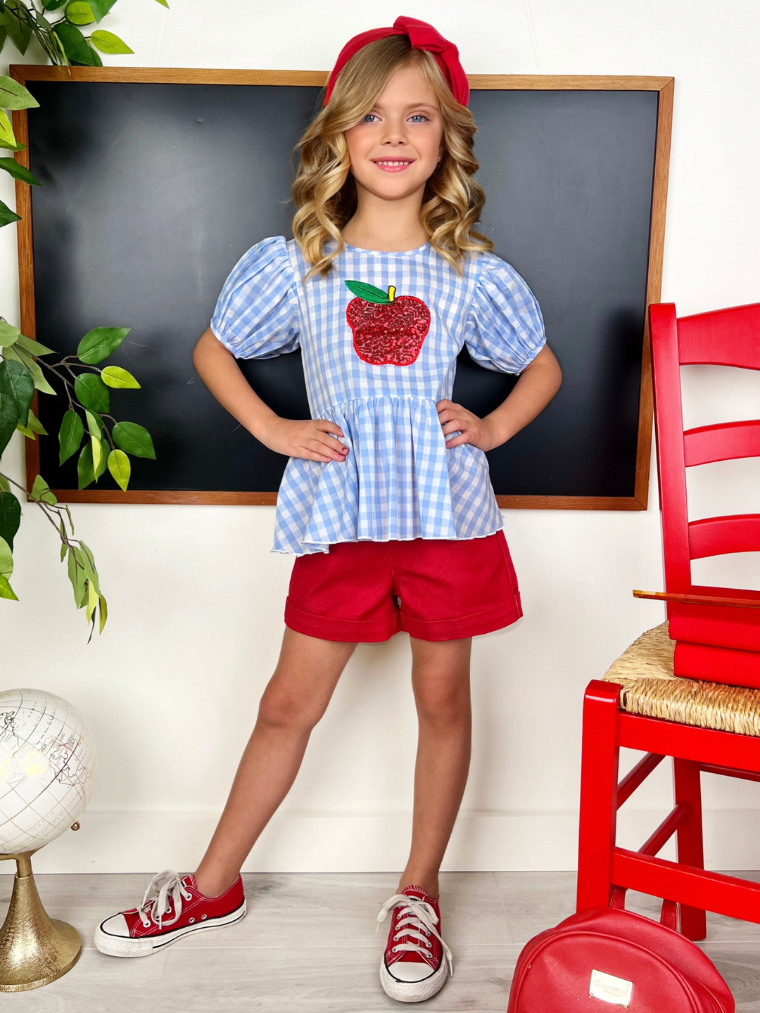 Sequin Apple Puff Sleeve Top & Red Short Set