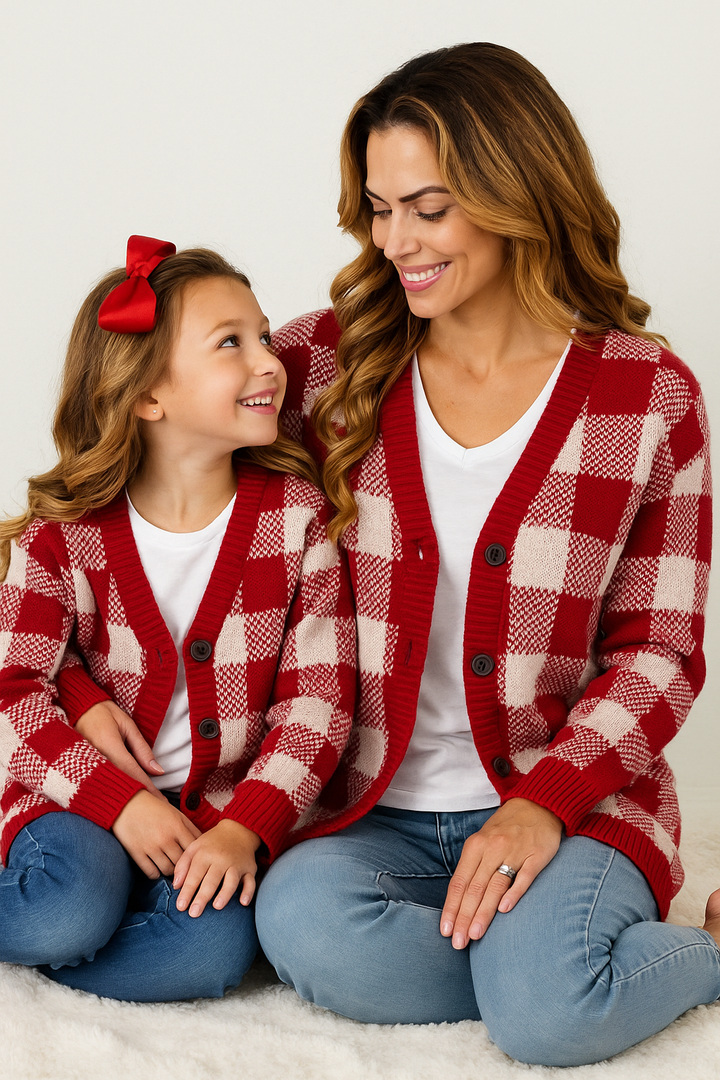 Mommy and Me Burgundy and White Checkered Oversized Cardigan