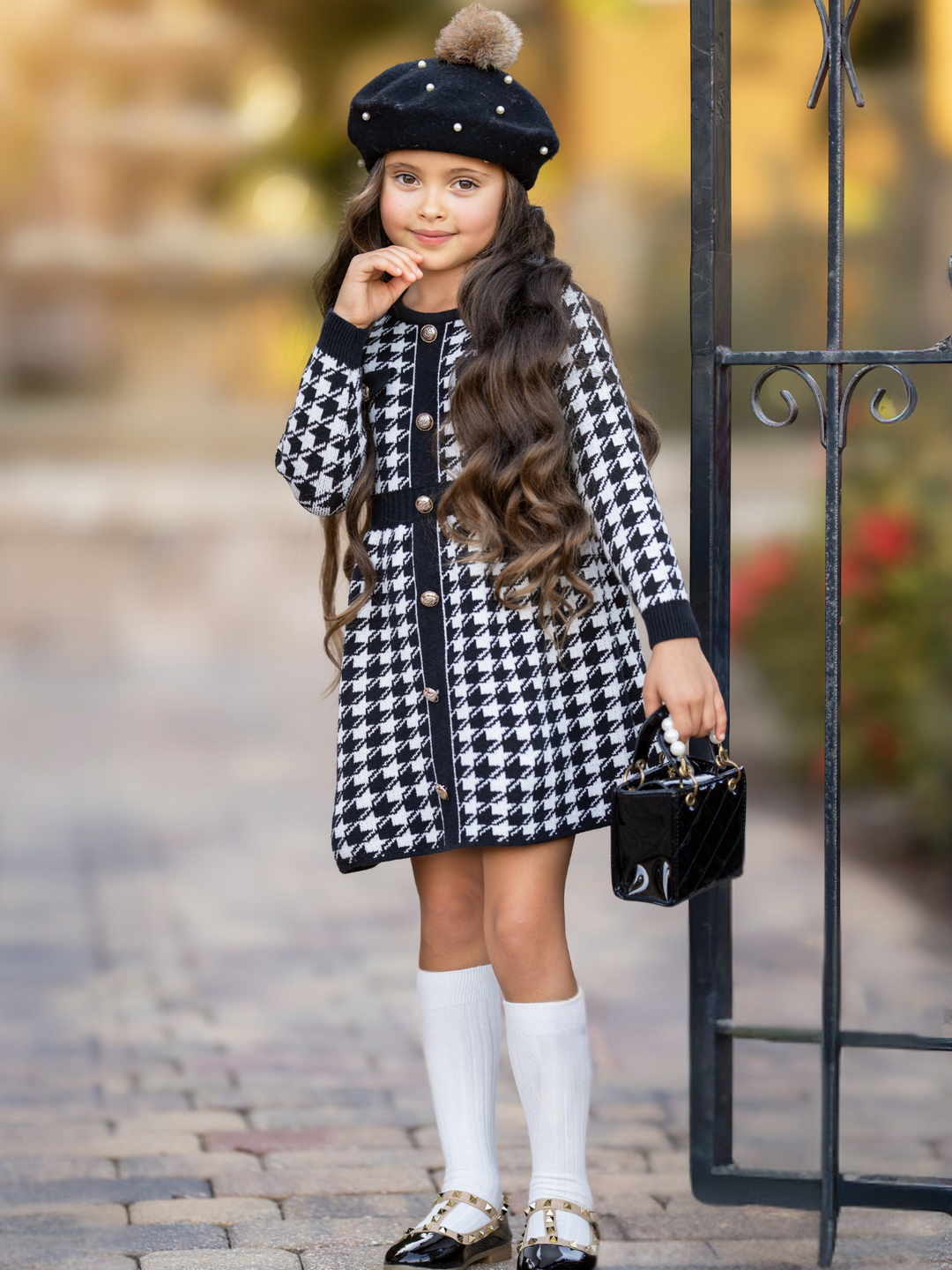 Elegant Houndstooth Gold Trim Button Knit Dress