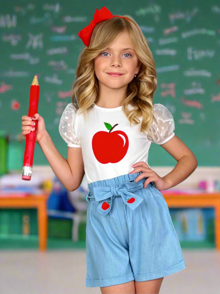 Best Apple Puff Sleeve Top & Embroidered Short Set
