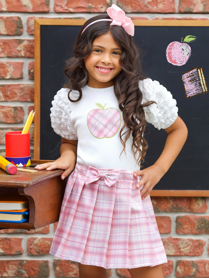 Smarty Apple Puff Sleeve Top & Pleated Plaid Skirt Set