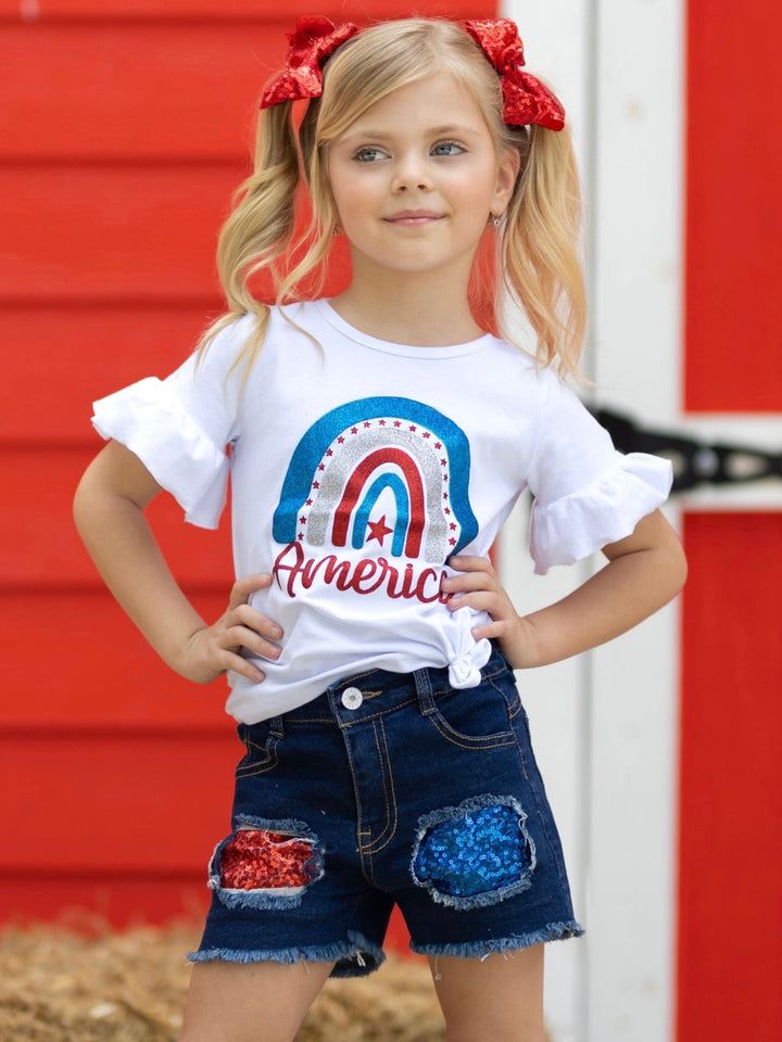 American Rainbow Sequin Denim Shorts Set