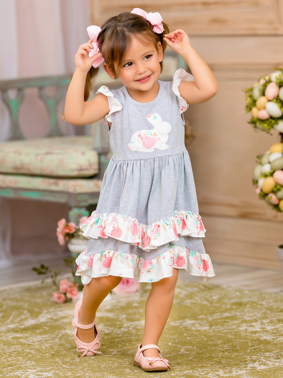 Mia Belle Girls Bunny Ruffle Tiered Midi Dress | Easter Dresses