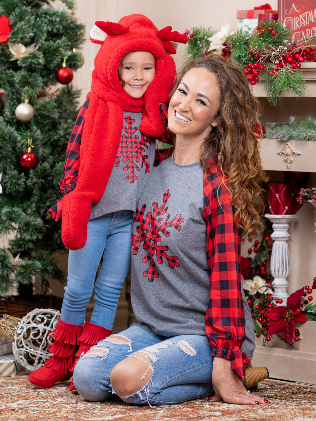 Mommy and Me Matching Tops | Snowflake Graphic Print Plaid Raglan Top
