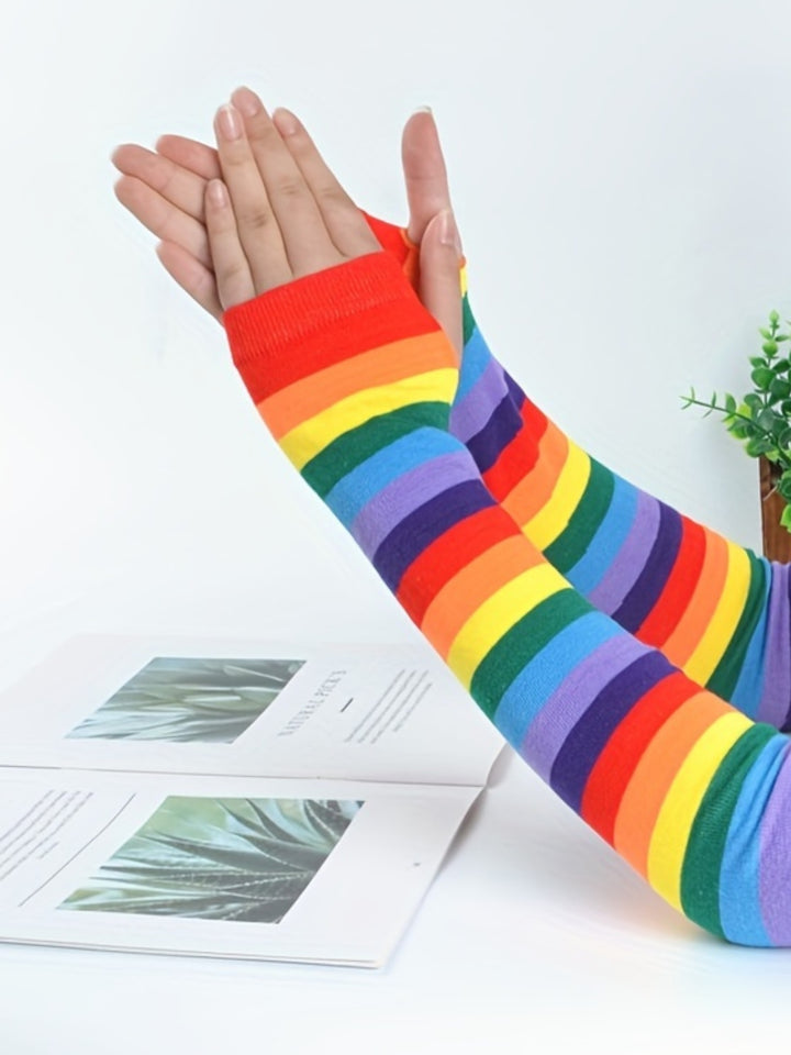 Rainbow Striped Fingerless Gloves