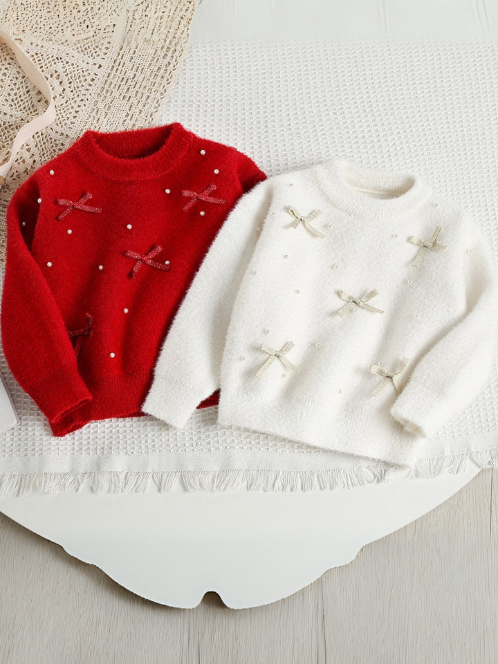 Pearl and Bow Fuzzy Sweater