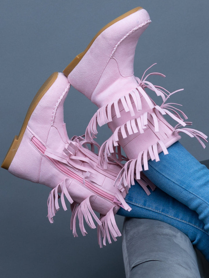 Girls Pink Suede Tiered Fringe Boots By Liv and Mia
