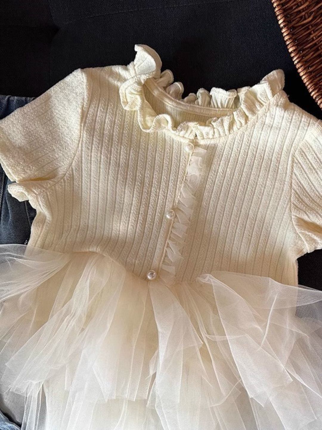Cream Ruffle Short Sleeve Ribbed Knit Tutu Top