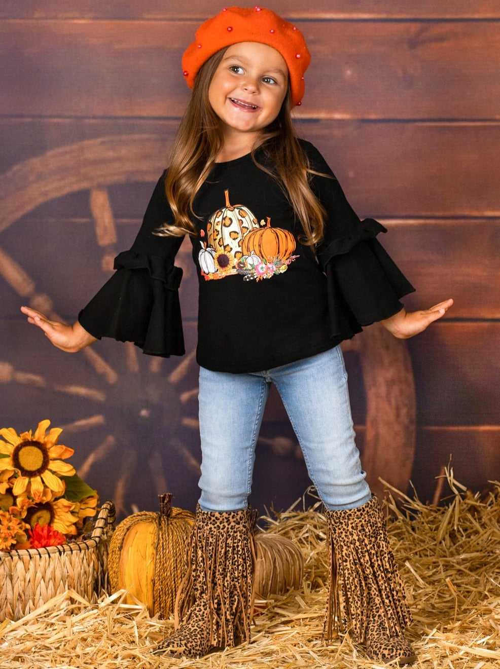 Girls Boho Sleeve Leopard Pumpkin Top