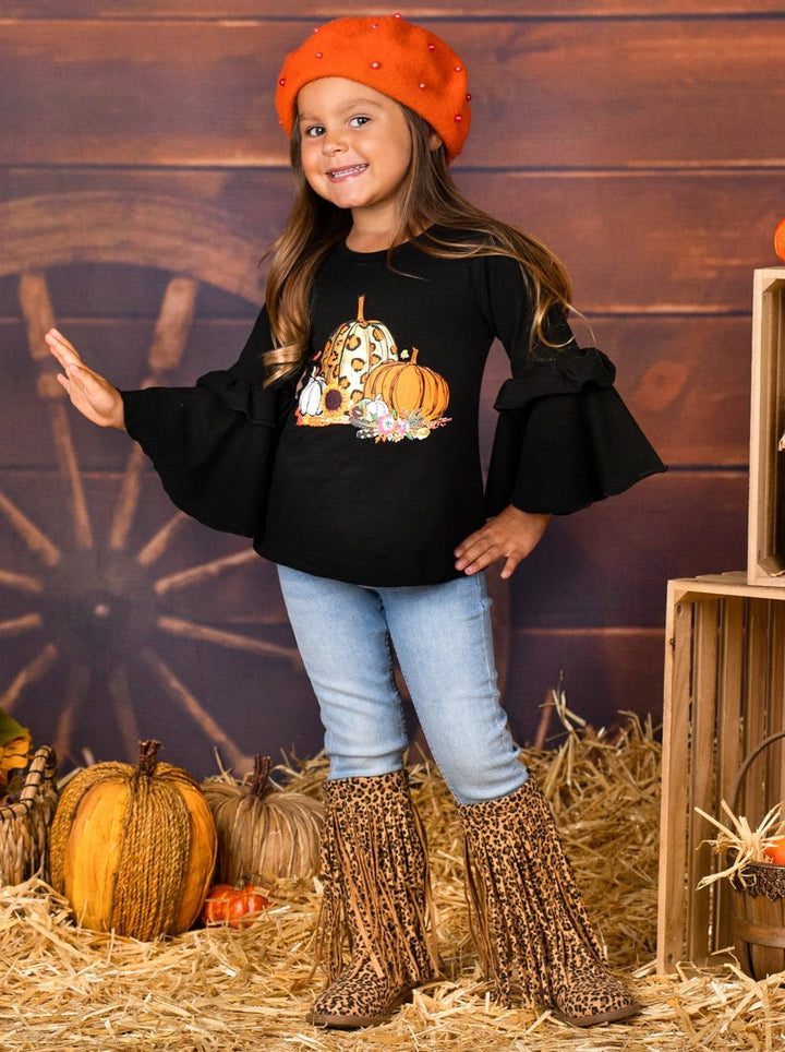 Girls Boho Sleeve Leopard Pumpkin Top