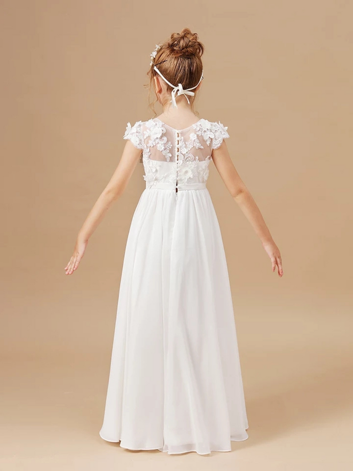Girls Communion Dresses | White Floral Mesh Embroidered Empire Dress