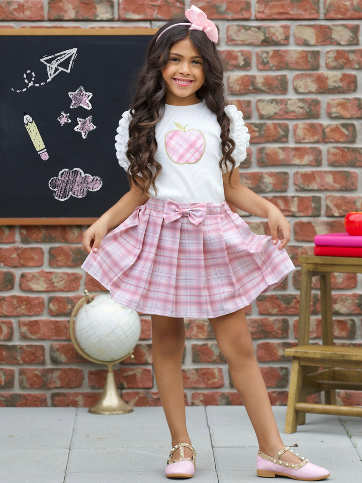 Smarty Apple Puff Sleeve Top & Pleated Plaid Skirt Set