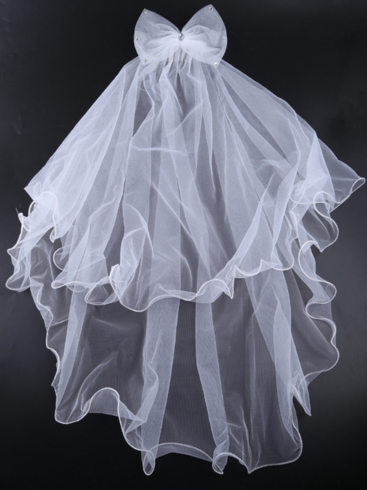 Girls Formal Accessories | Flower Girl White Mesh Bowed Veil Hair Clip