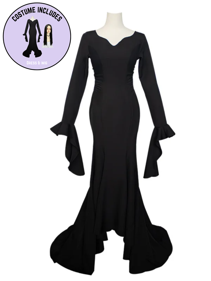 Womens Morticia Spooky Costume Dress with Wig