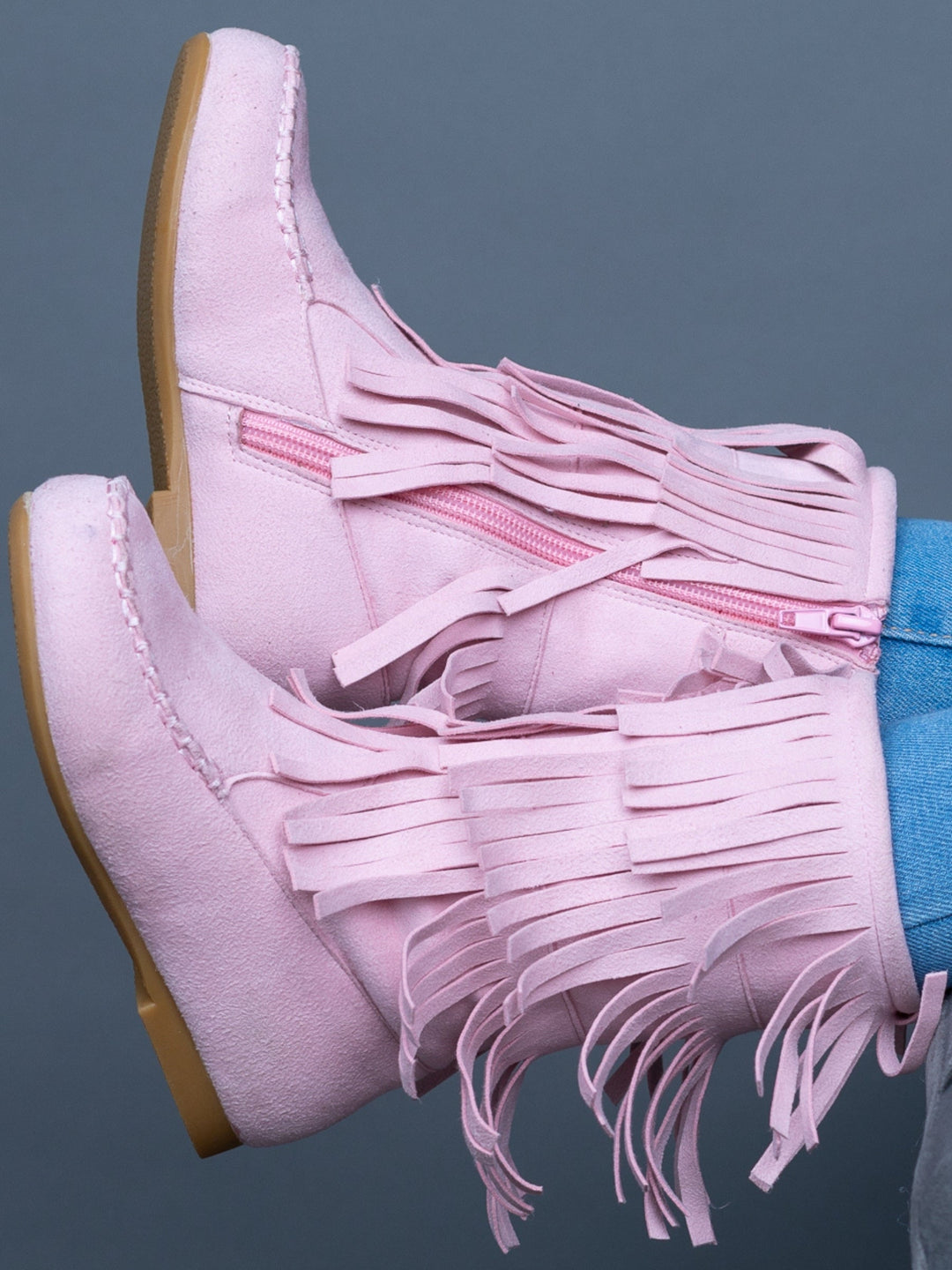 Girls Pink Suede Tiered Fringe Boots By Liv and Mia