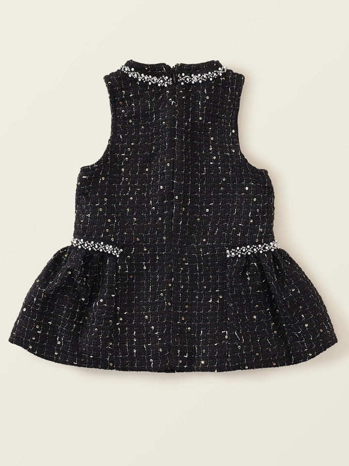 Black Tweed Pearl Bow Ruffle Tank Dress