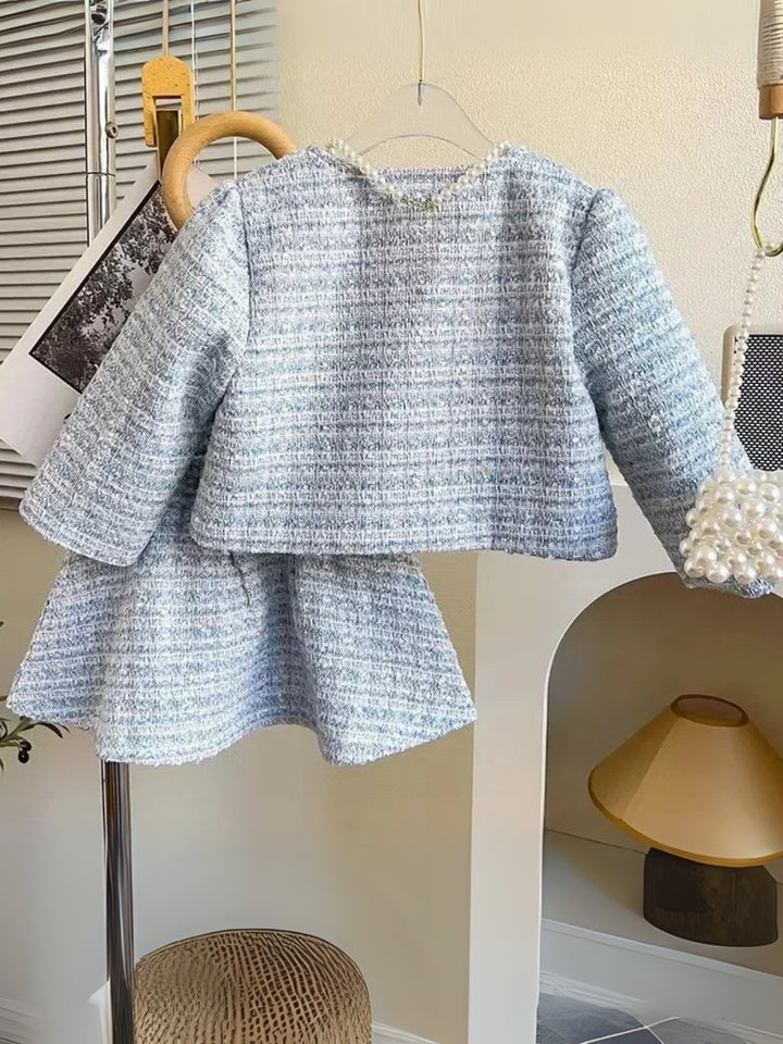 Chic Blue Plaid Girls Tweed Jacket and Skirt Set