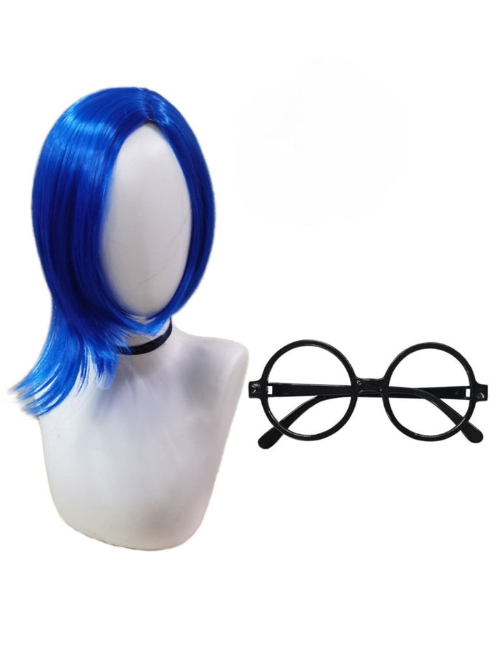 Short Blue Cosplay Wig & Round Glasses Costume Set