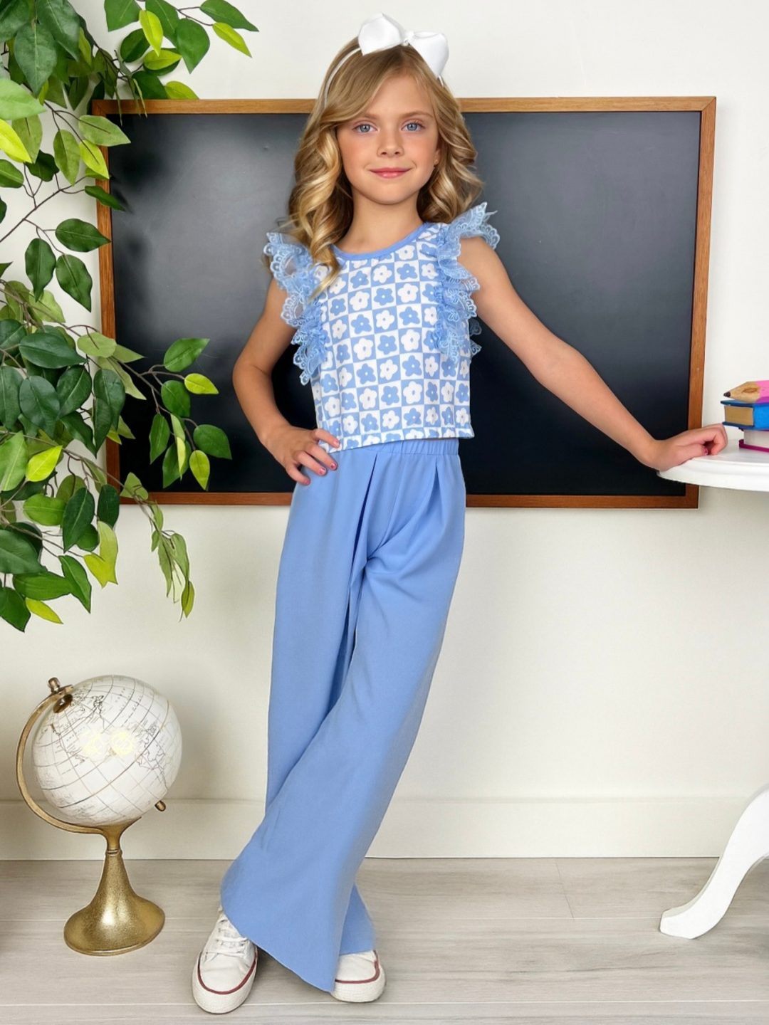 Blue Bloom Lace Flutter Top & Wide Leg Pant Set