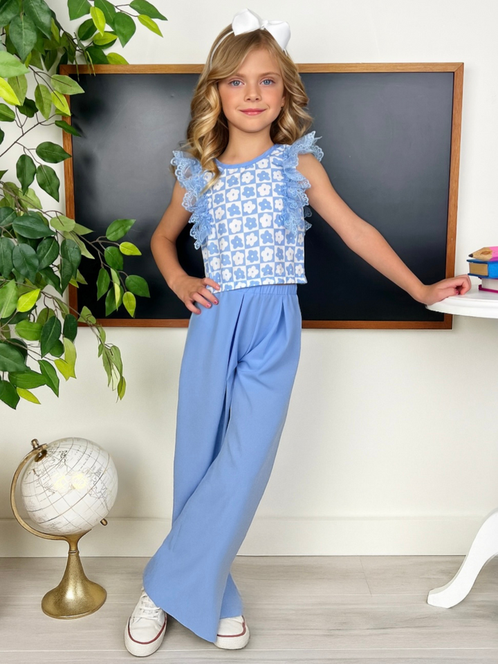 Blue Bloom Lace Flutter Top & Wide Leg Pant Set