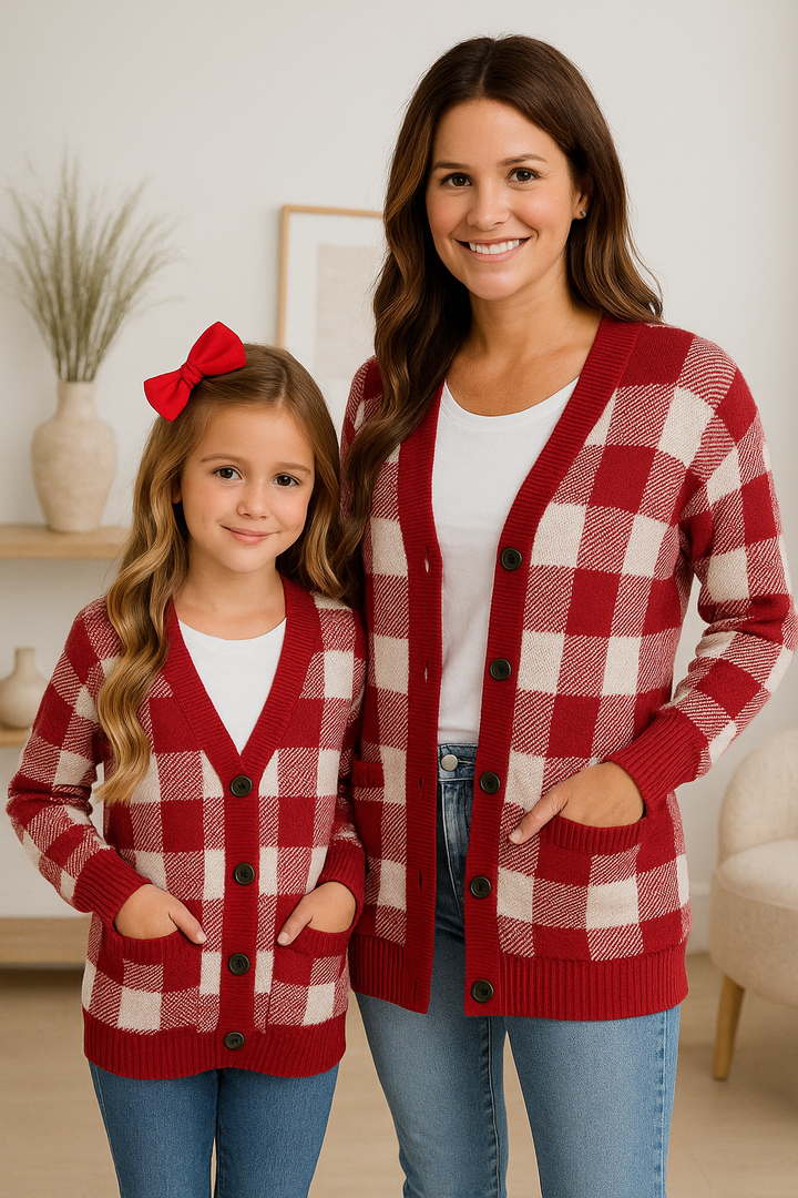Mommy and Me Burgundy and White Checkered Oversized Cardigan