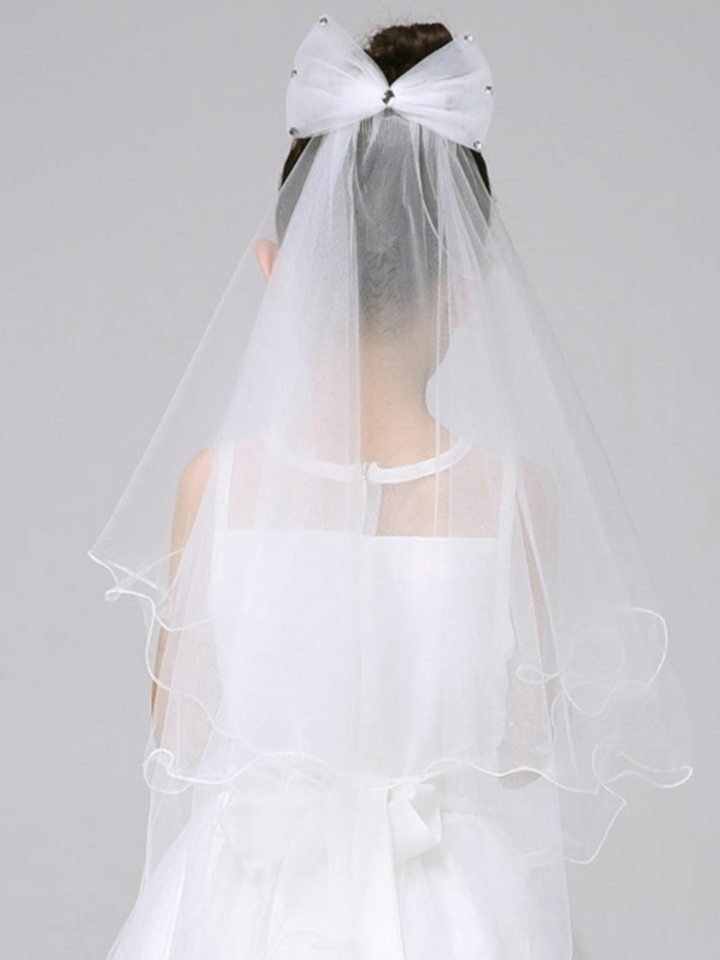 Girls Formal Accessories | Flower Girl White Mesh Bowed Veil Hair Clip