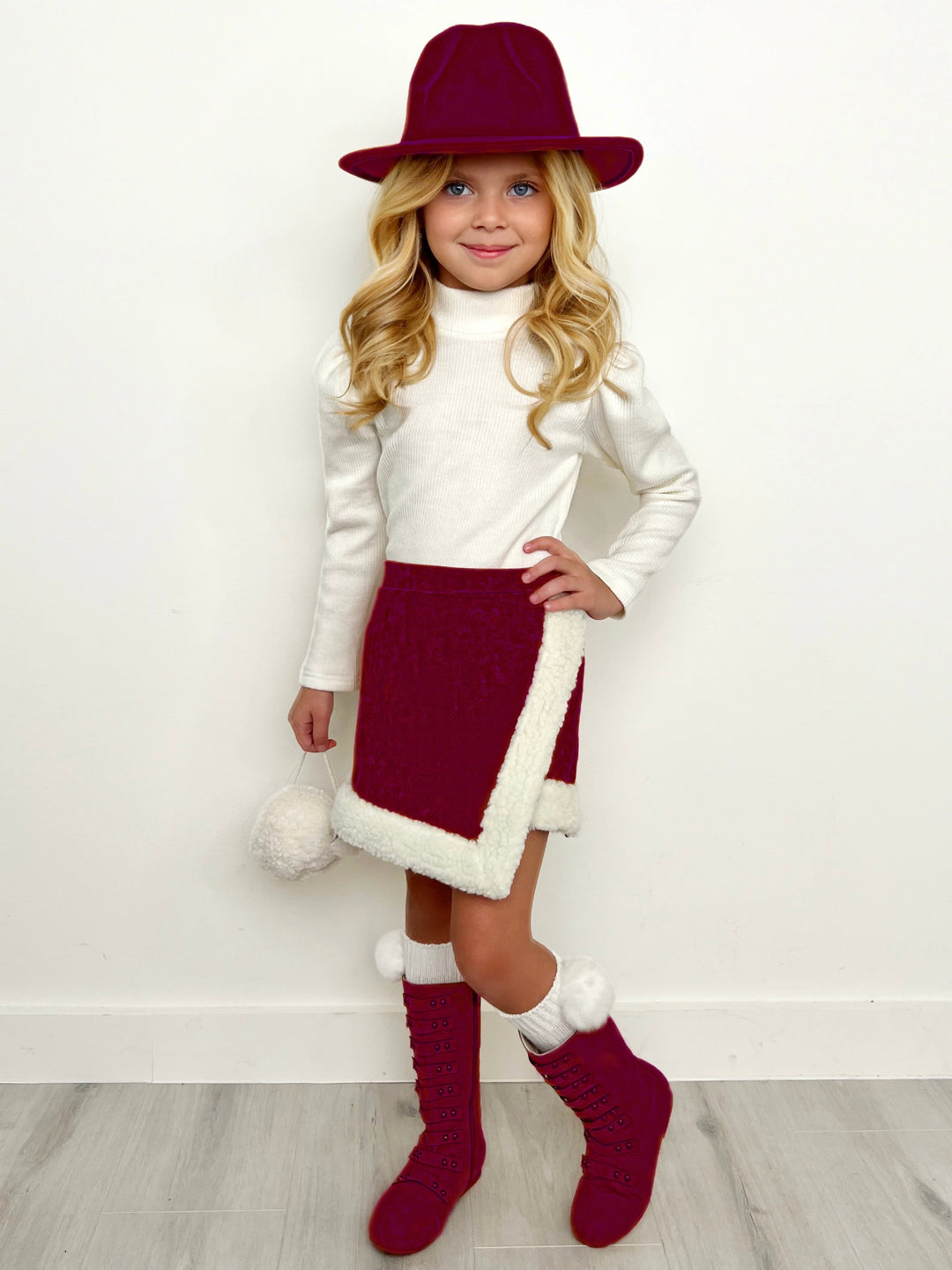 Ivory Ribbed Turtleneck Top and Berry Faux Suede Fur-Trimmed Skort Set