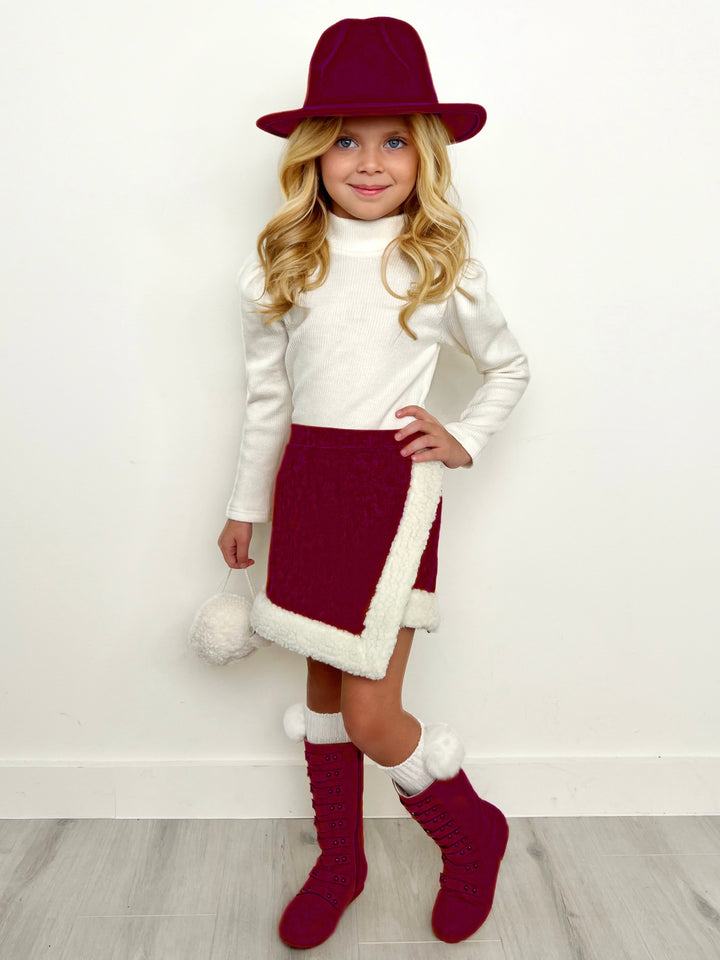Ivory Ribbed Turtleneck Top and Berry Faux Suede Fur-Trimmed Skort Set