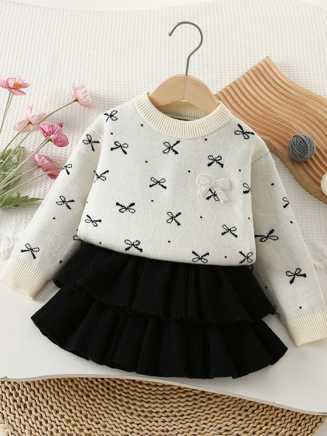 Cozy Bow Sweater and Ruffle Skirt Set
