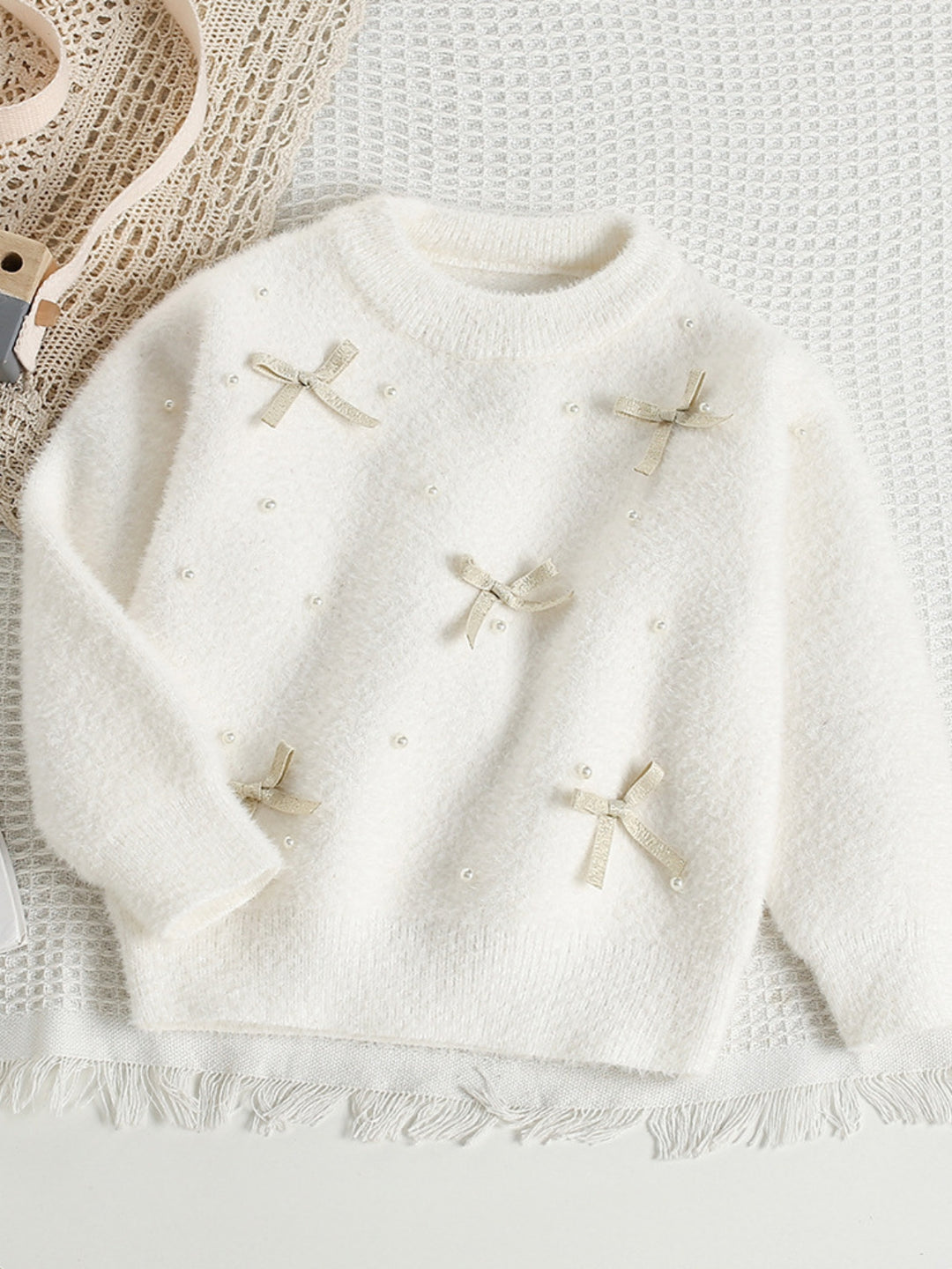 Pearl and Bow Fuzzy Sweater