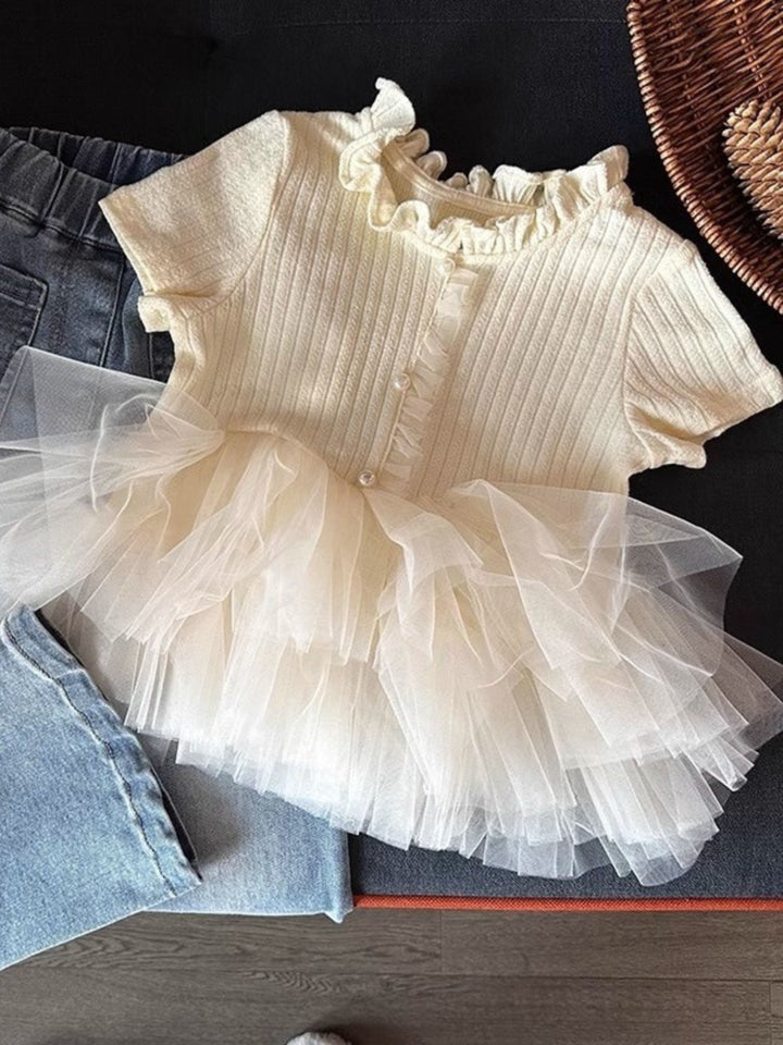 Cream Ruffle Short Sleeve Ribbed Knit Tutu Top