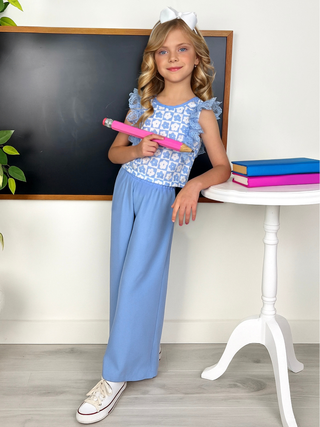 Blue Bloom Lace Flutter Top & Wide Leg Pant Set