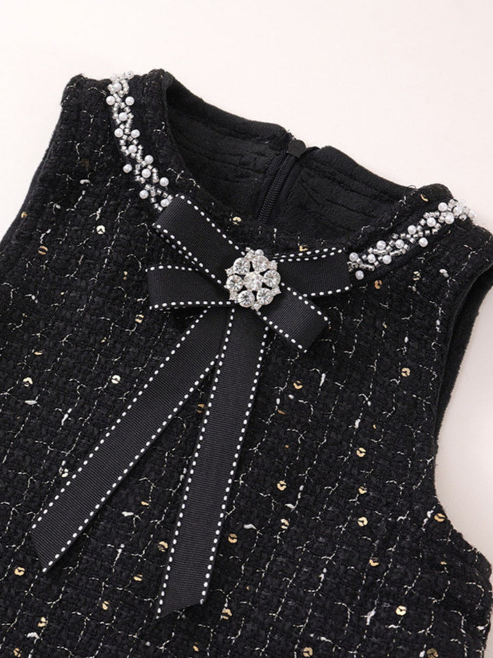Black Tweed Pearl Bow Ruffle Tank Dress