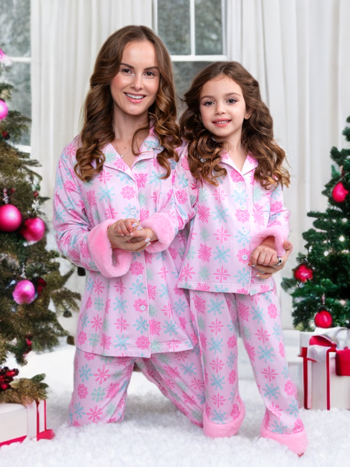 Mommy and Me Frosted Flurries Pink Snowflake Furry Pajama Set