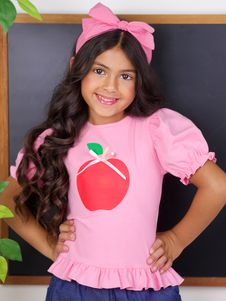 Cutest in Class Apple Top & Ruffle Denim Short Set