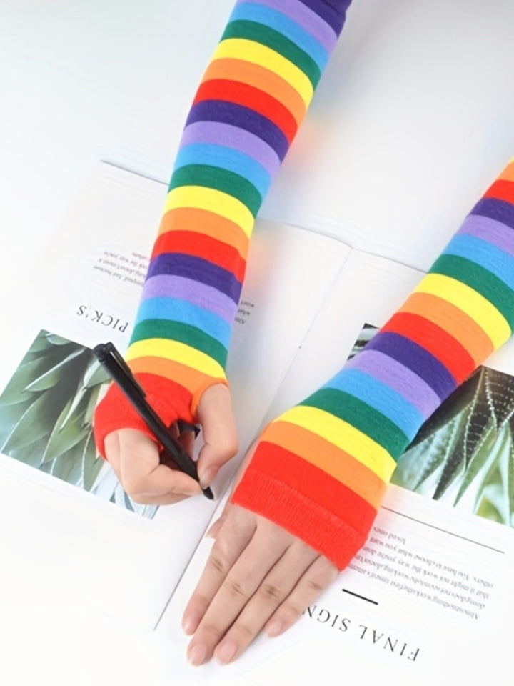Rainbow Striped Fingerless Gloves